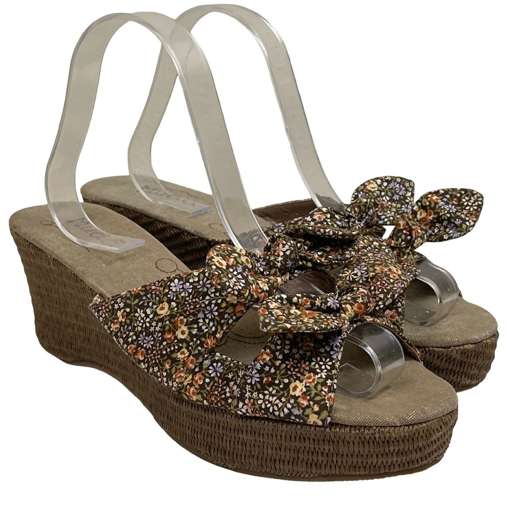 Vintage Mudd Emma Women 10 Brown Floral Bow Wedge Platform Slide Sandal Y2K Boho